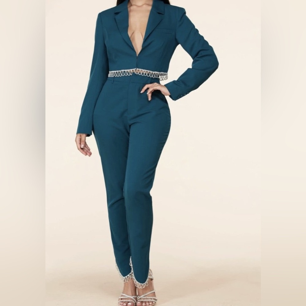 Teal 2 Piece Rhinestone Suit